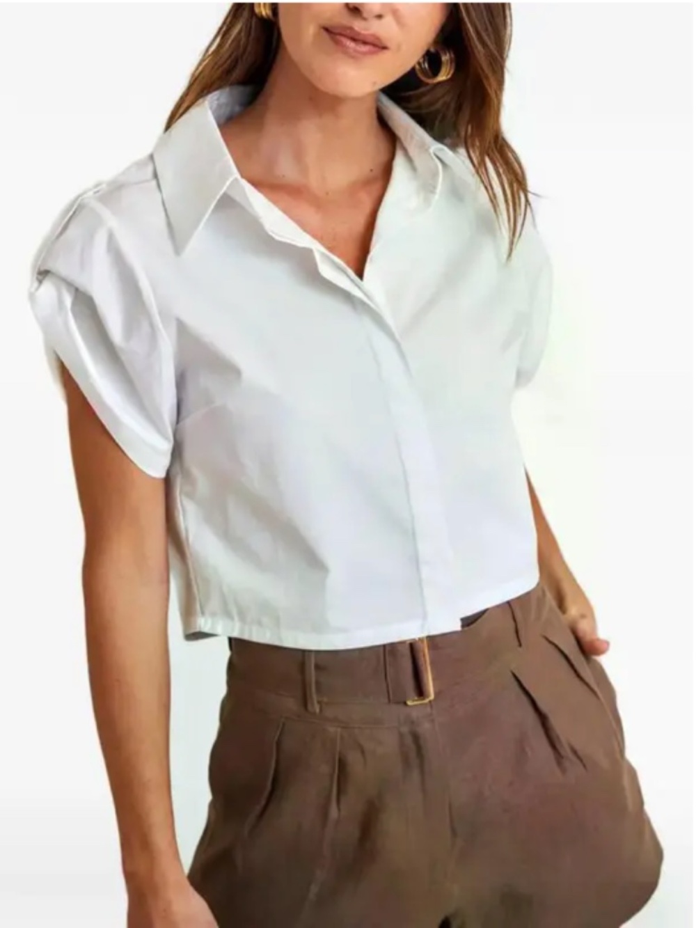 Hevron Epaulette Pleated Cropped Sleeve Shirt Size Small Blouse Button Down (X)